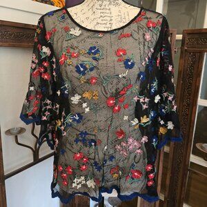 Anthropologie Maeve Meadows Sheer Floral Embroidered Top, Sz L